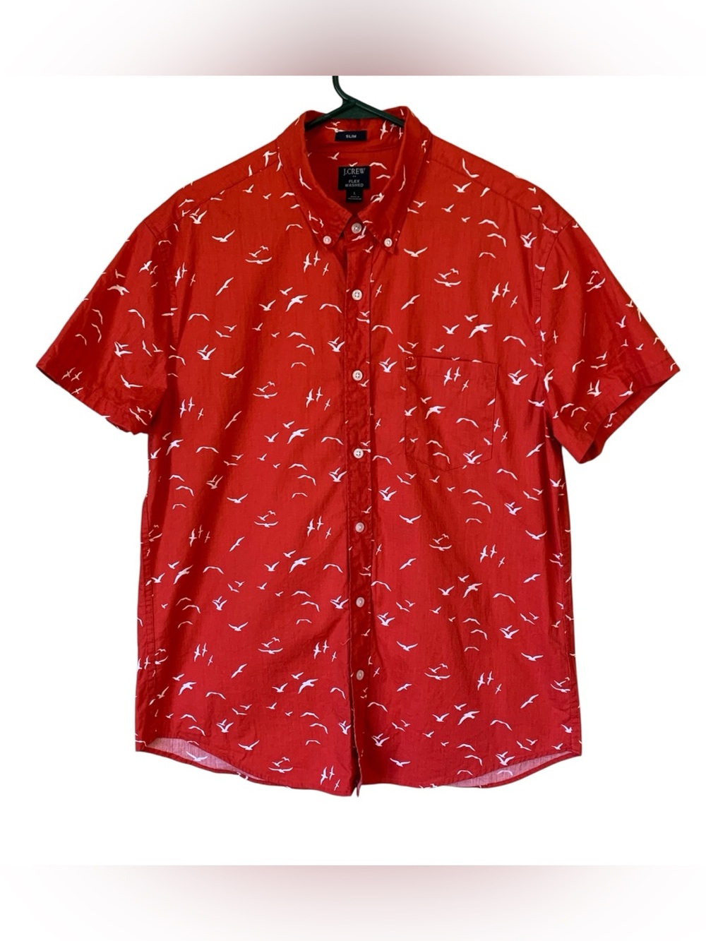 J. Crew Slim Button Down Shirt Mens L Red White Bird Print Flex Washed SLIM